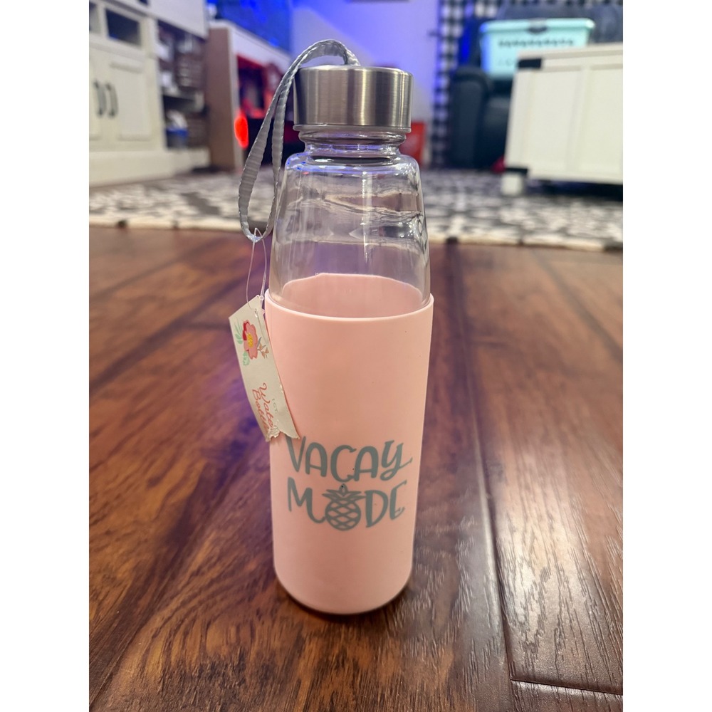Vacay Mode Glass Water Bottle Pink Silicone Sleeve Pineapple Stainless Lid NWT
